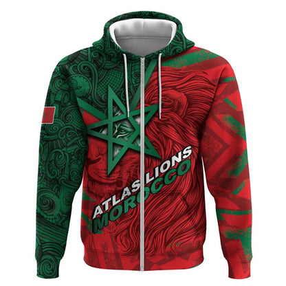 Custom Morocco Football Zip Hoodie Pentagram Red Lion African
