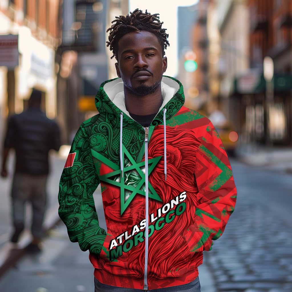 Custom Morocco Football Zip Hoodie Pentagram Red Lion African