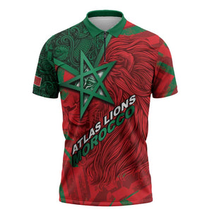 Custom Morocco Football Zipper Polo Shirt Pentagram Red Lion African