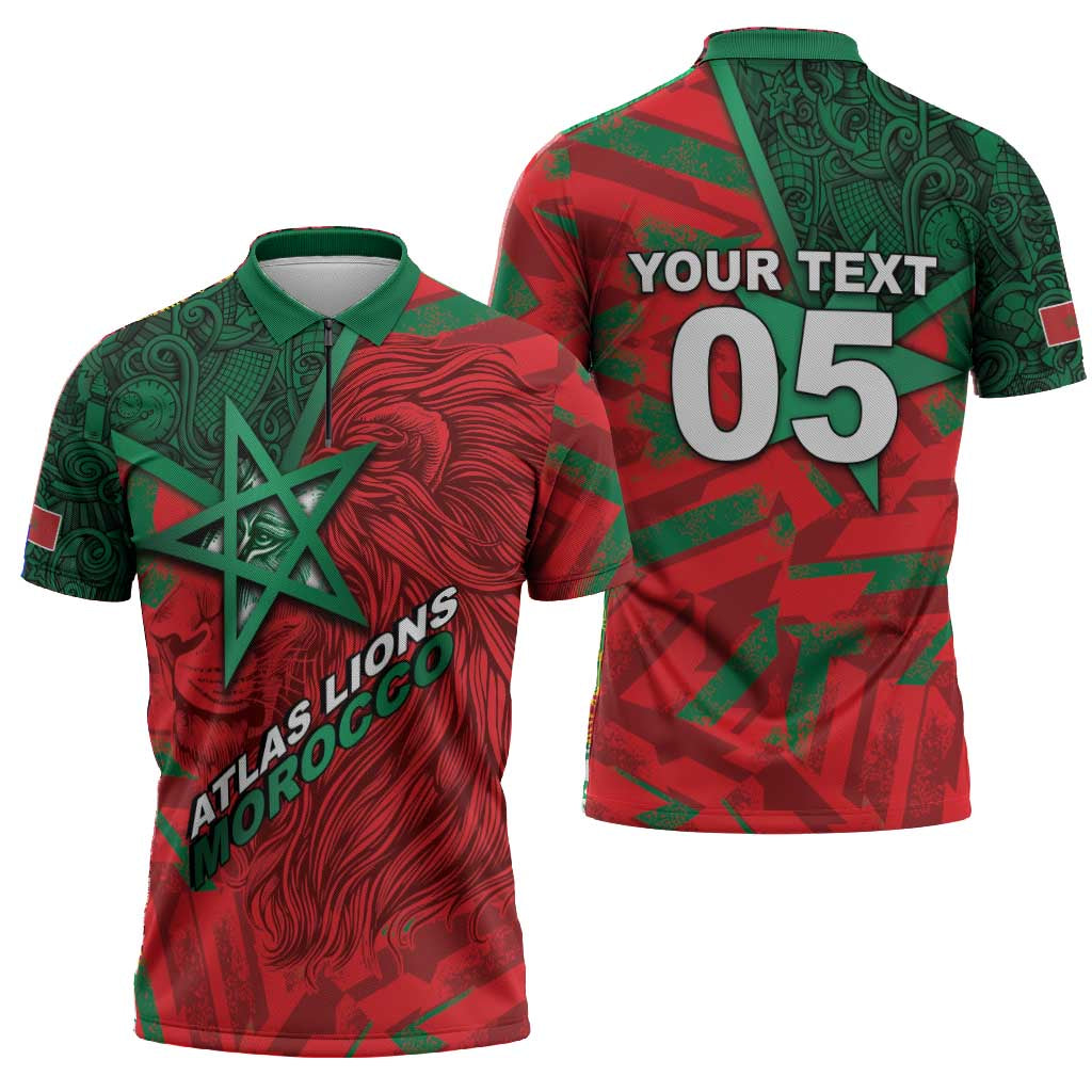 Custom Morocco Football Zipper Polo Shirt Pentagram Red Lion African