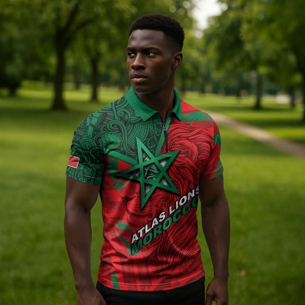 Custom Morocco Football Zipper Polo Shirt Pentagram Red Lion African