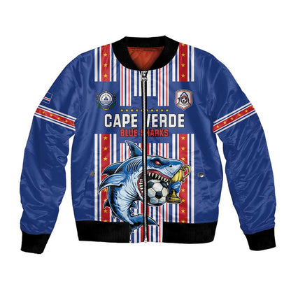 Custom Cape Verde Football Bomber Jacket Monster Blue Shark Striped Style