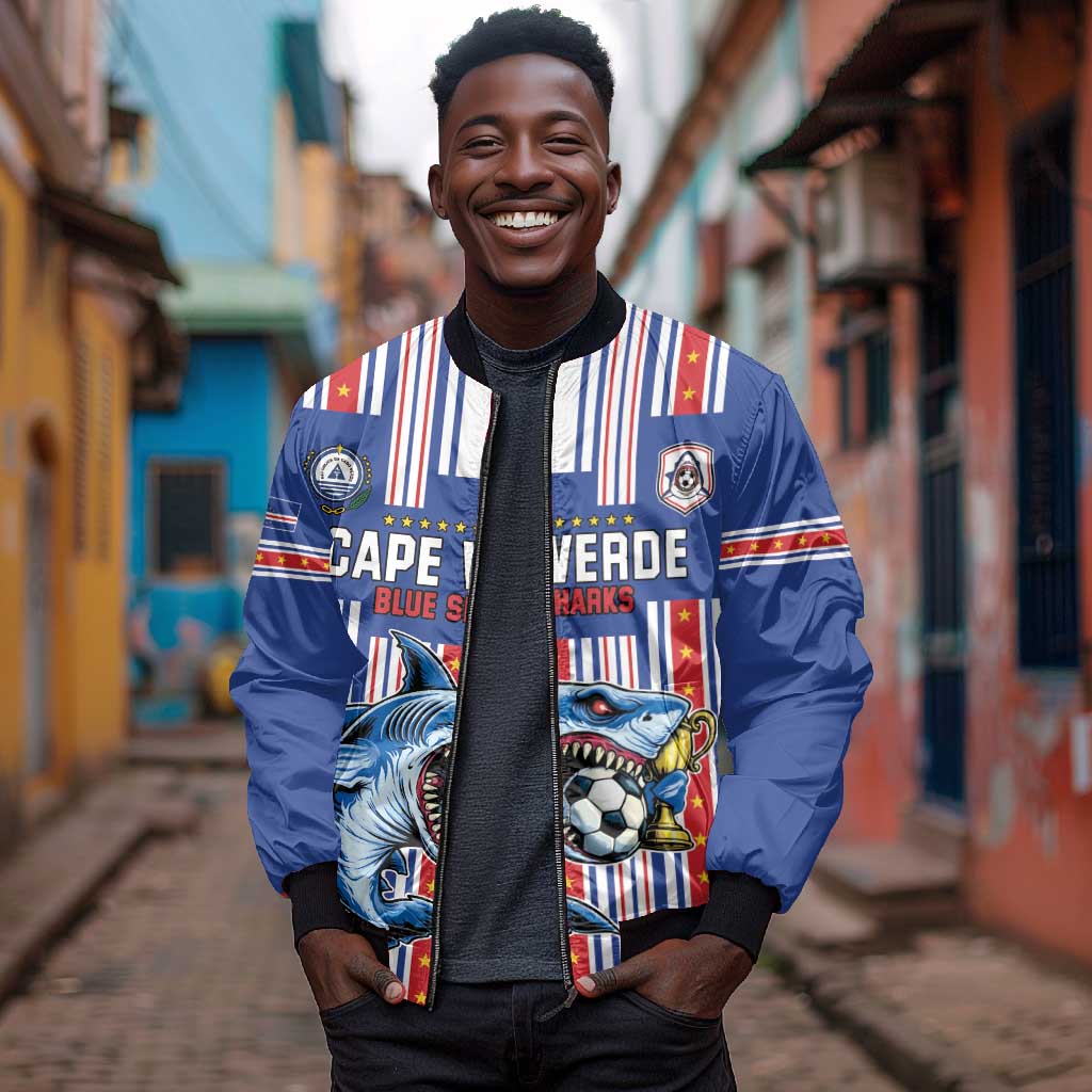 Custom Cape Verde Football Bomber Jacket Monster Blue Shark Striped Style
