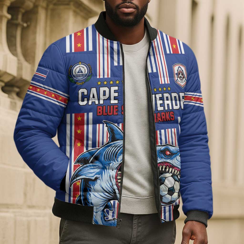 Custom Cape Verde Football Bomber Puffer Jacket Monster Blue Shark Striped Style