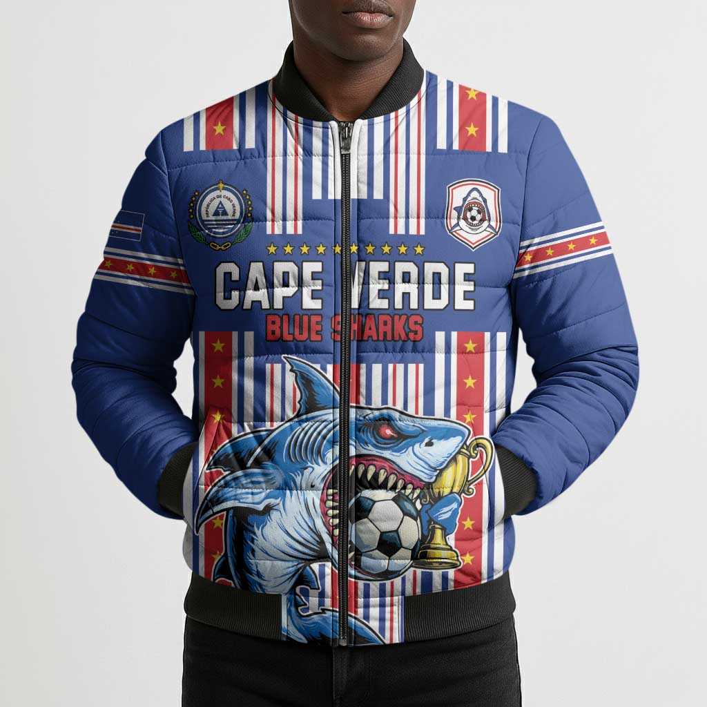 Custom Cape Verde Football Bomber Puffer Jacket Monster Blue Shark Striped Style