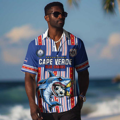 Custom Cape Verde Football Hawaiian Shirt Monster Blue Shark Striped Style