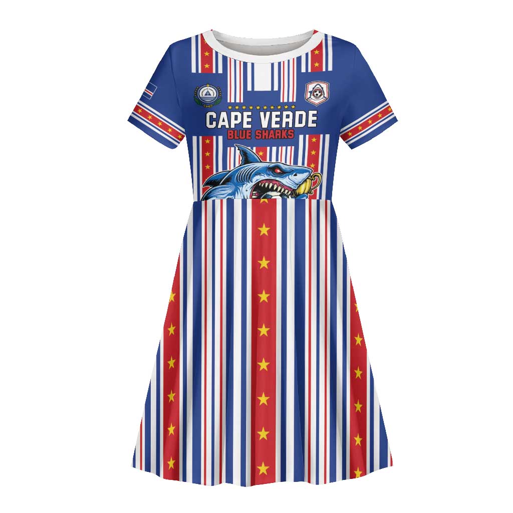 Custom Cape Verde Football Kid Short Sleeve Dress Monster Blue Shark Striped Style