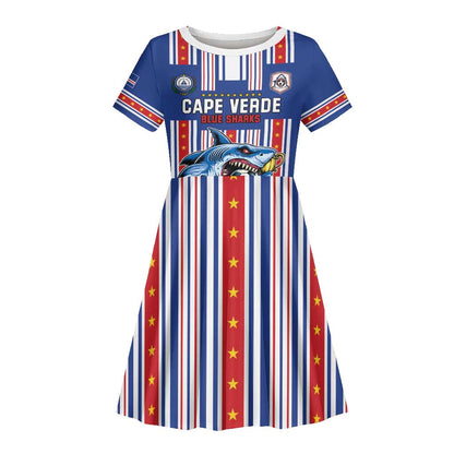 Custom Cape Verde Football Kid Short Sleeve Dress Monster Blue Shark Striped Style