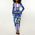 Custom Cape Verde Football Long Sleeve Bodycon Dress Monster Blue Shark Striped Style
