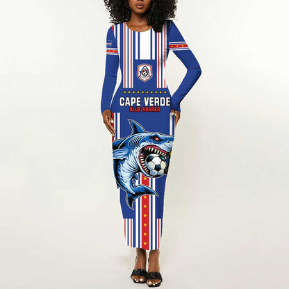 Custom Cape Verde Football Long Sleeve Bodycon Dress Monster Blue Shark Striped Style