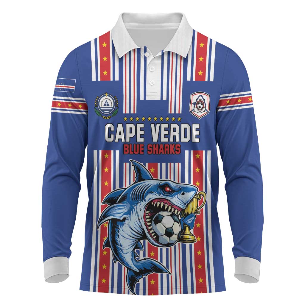 Custom Cape Verde Football Long Sleeve Polo Shirt Monster Blue Shark Striped Style