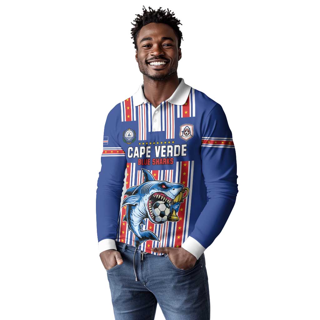 Custom Cape Verde Football Long Sleeve Polo Shirt Monster Blue Shark Striped Style