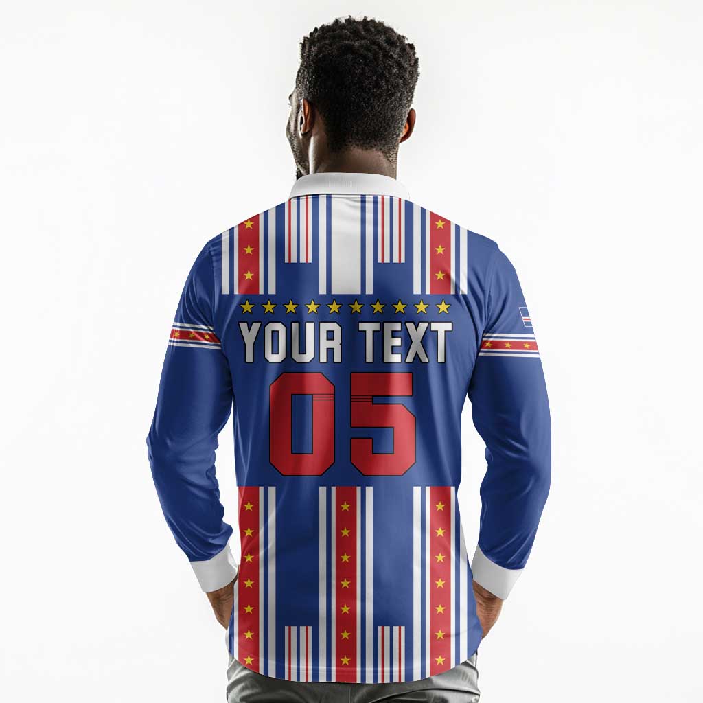 Custom Cape Verde Football Long Sleeve Polo Shirt Monster Blue Shark Striped Style