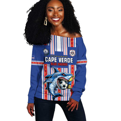 Custom Cape Verde Football Off Shoulder Sweater Monster Blue Shark Striped Style