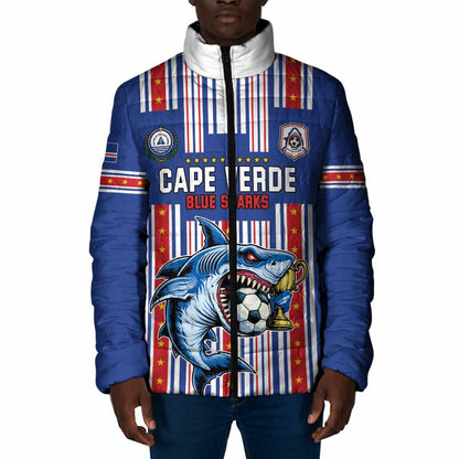 Custom Cape Verde Football Padded Jacket Monster Blue Shark Striped Style