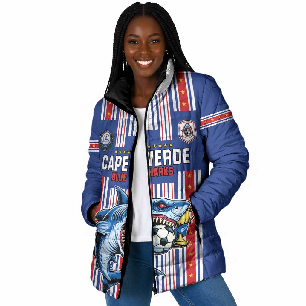 Custom Cape Verde Football Padded Jacket Monster Blue Shark Striped Style