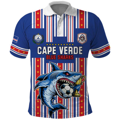 Custom Cape Verde Football Polo Shirt Monster Blue Shark Striped Style