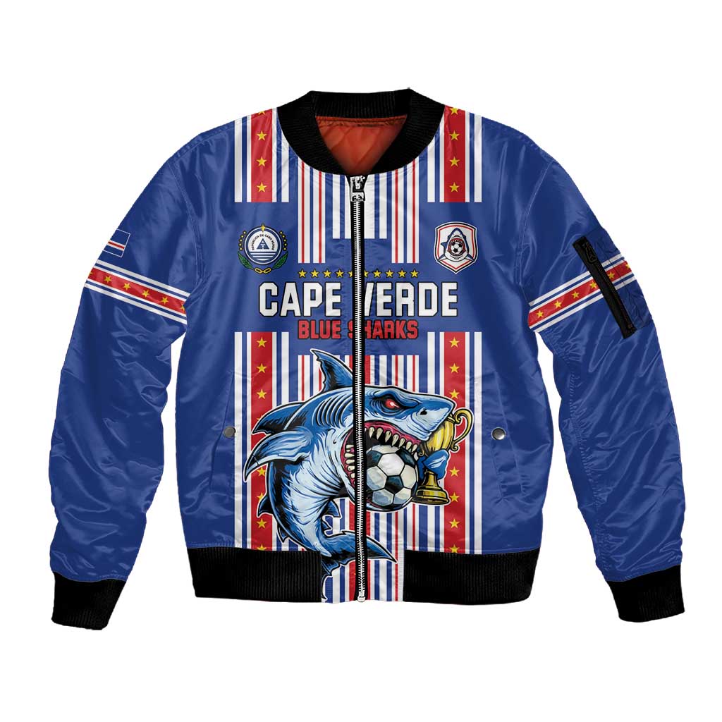 Custom Cape Verde Football Sleeve Zip Bomber Jacket Monster Blue Shark Striped Style