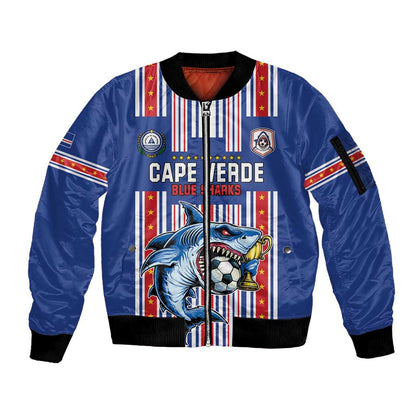 Custom Cape Verde Football Sleeve Zip Bomber Jacket Monster Blue Shark Striped Style