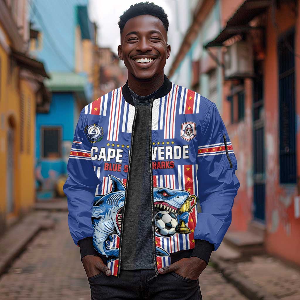 Custom Cape Verde Football Sleeve Zip Bomber Jacket Monster Blue Shark Striped Style