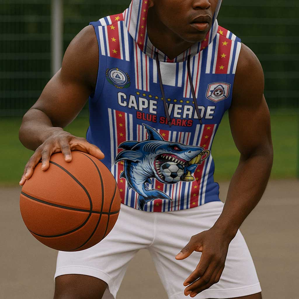 Custom Cape Verde Football Sleeveless Hoodie Monster Blue Shark Striped Style