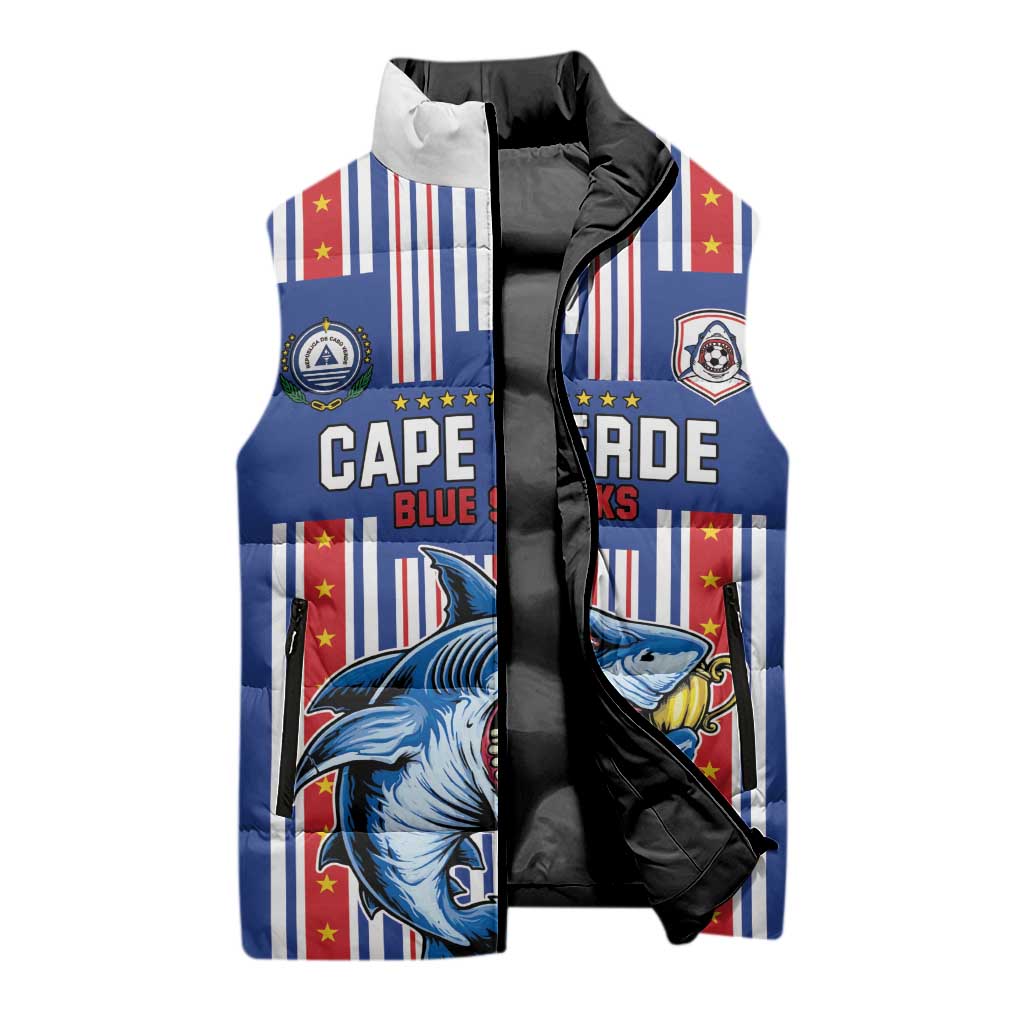 Custom Cape Verde Football Sleeveless Puffer Jacket Monster Blue Shark Striped Style