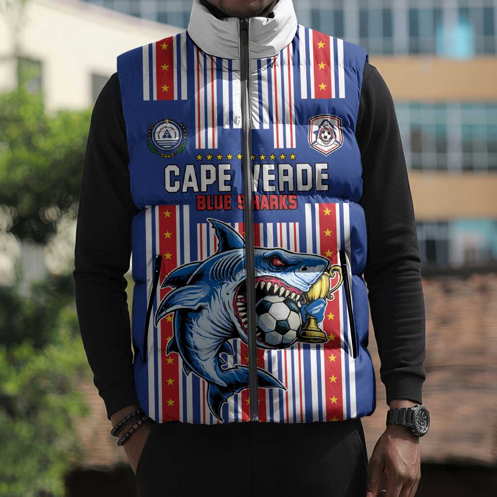 Custom Cape Verde Football Sleeveless Puffer Jacket Monster Blue Shark Striped Style