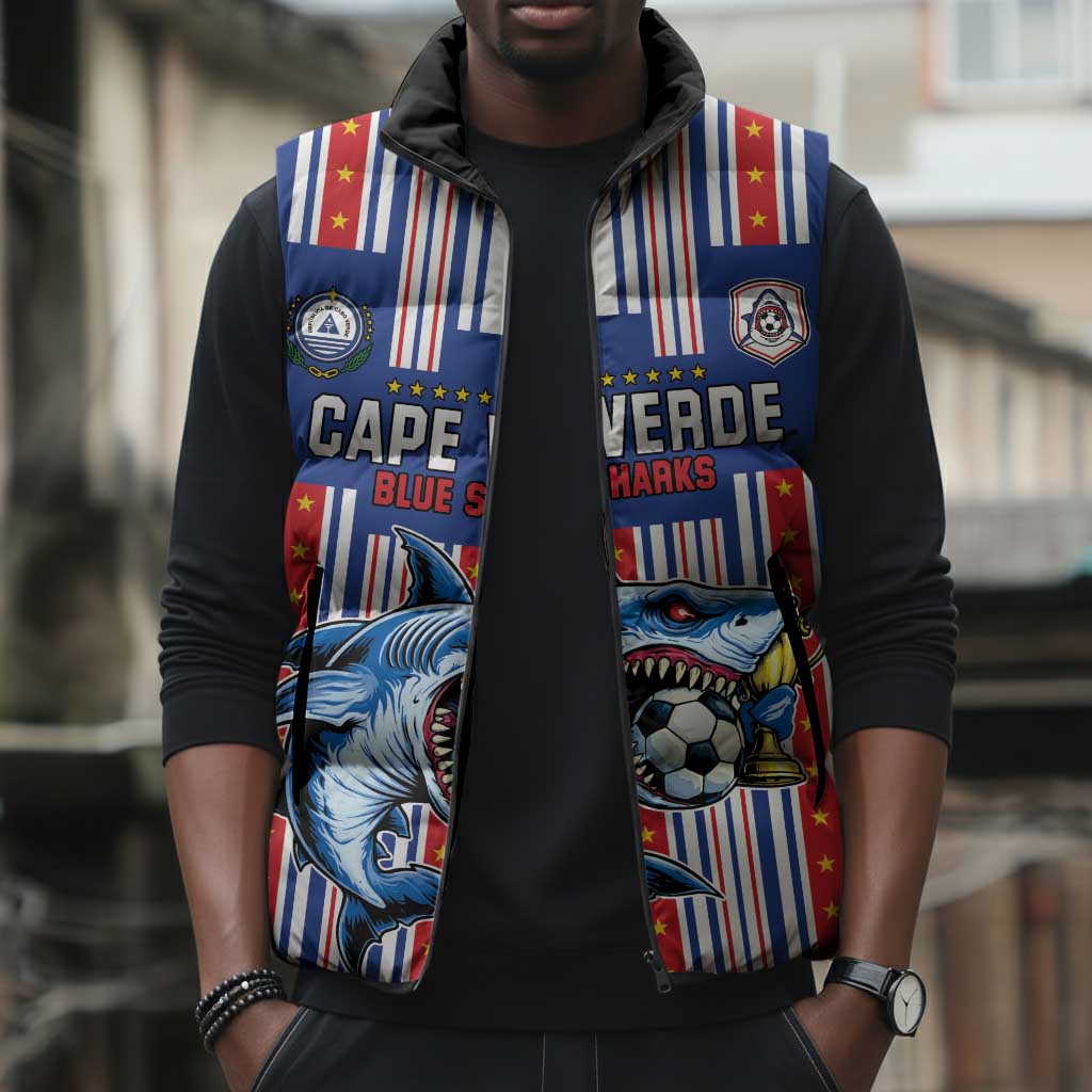 Custom Cape Verde Football Sleeveless Puffer Jacket Monster Blue Shark Striped Style