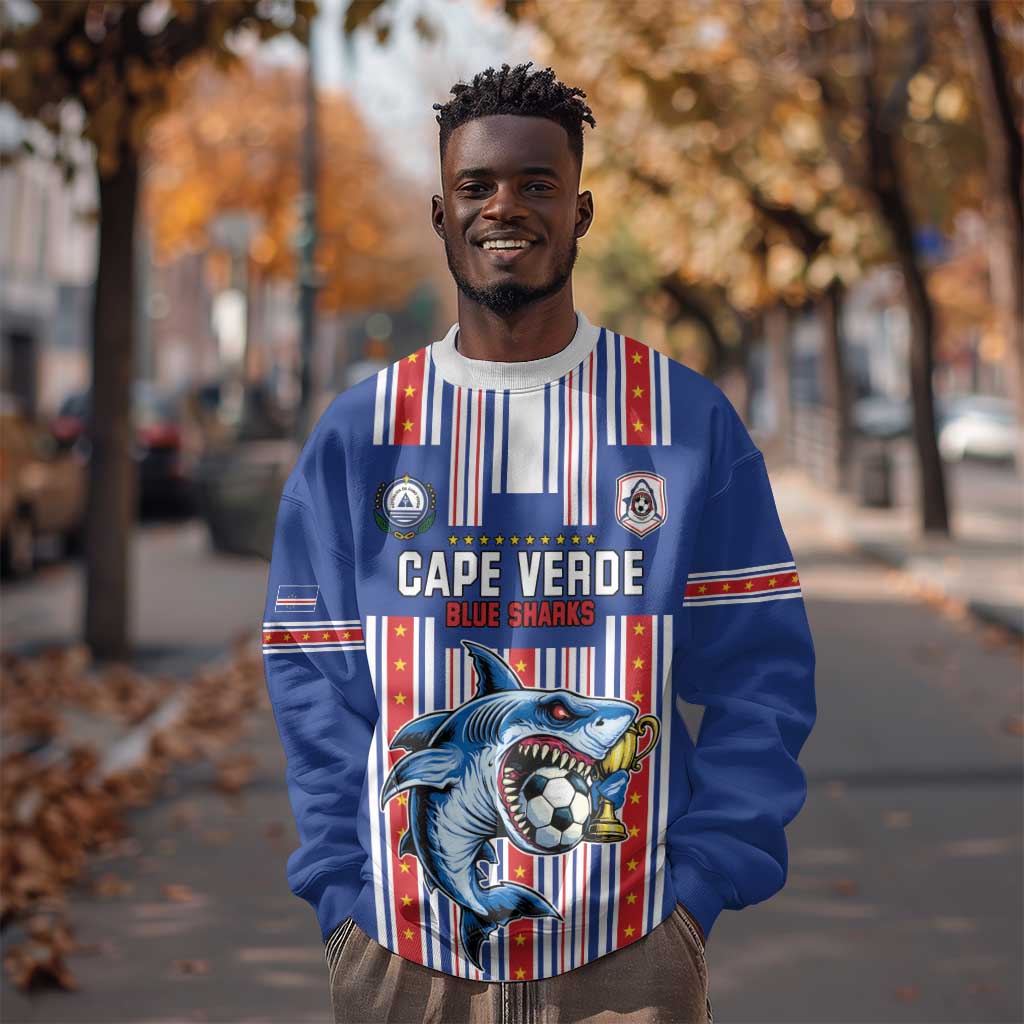 Custom Cape Verde Football Sweatshirt Monster Blue Shark Striped Style