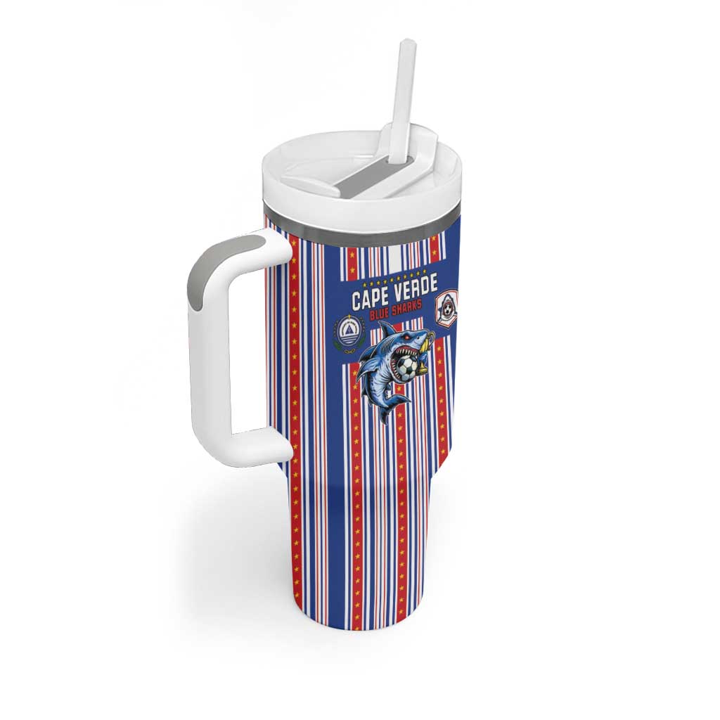 Custom Cape Verde Football Tumbler With Handle Monster Blue Shark Striped Style