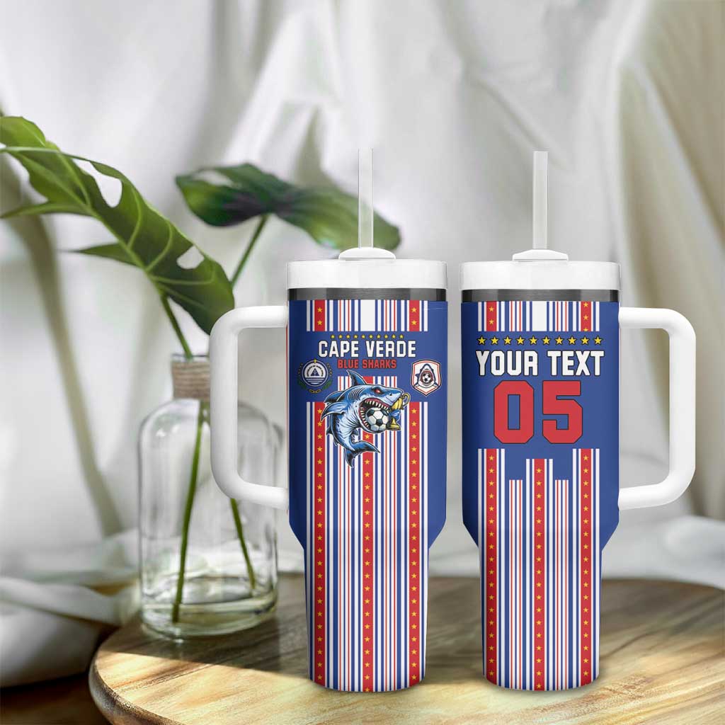 Custom Cape Verde Football Tumbler With Handle Monster Blue Shark Striped Style