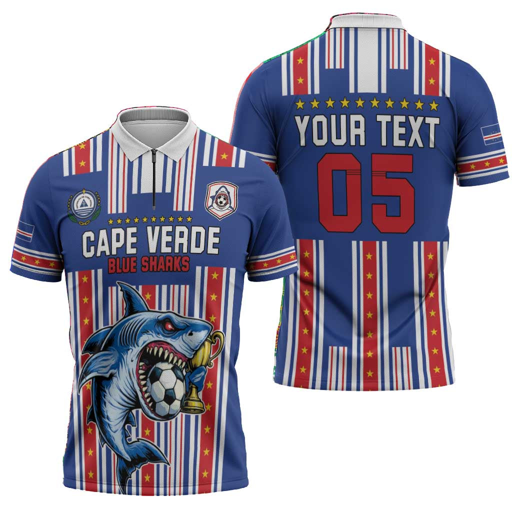 Custom Cape Verde Football Zipper Polo Shirt Monster Blue Shark Striped Style