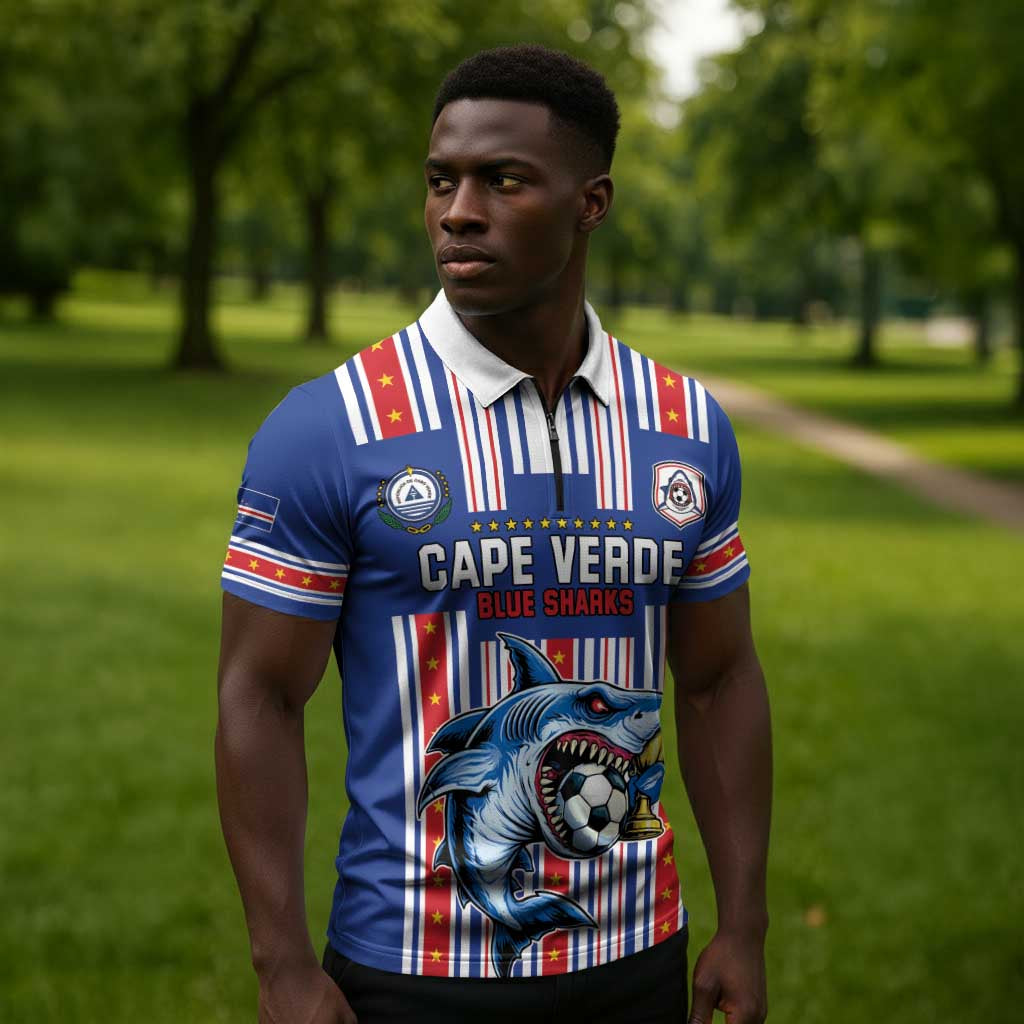 Custom Cape Verde Football Zipper Polo Shirt Monster Blue Shark Striped Style