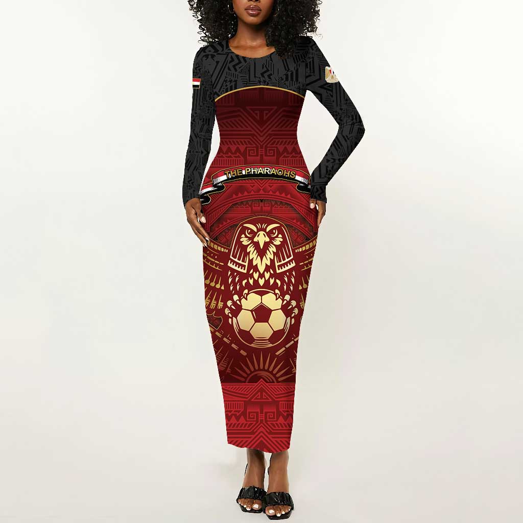 Custom Egypt Football Long Sleeve Bodycon Dress Tribal Eagle With Ancient Egyptian Patterns