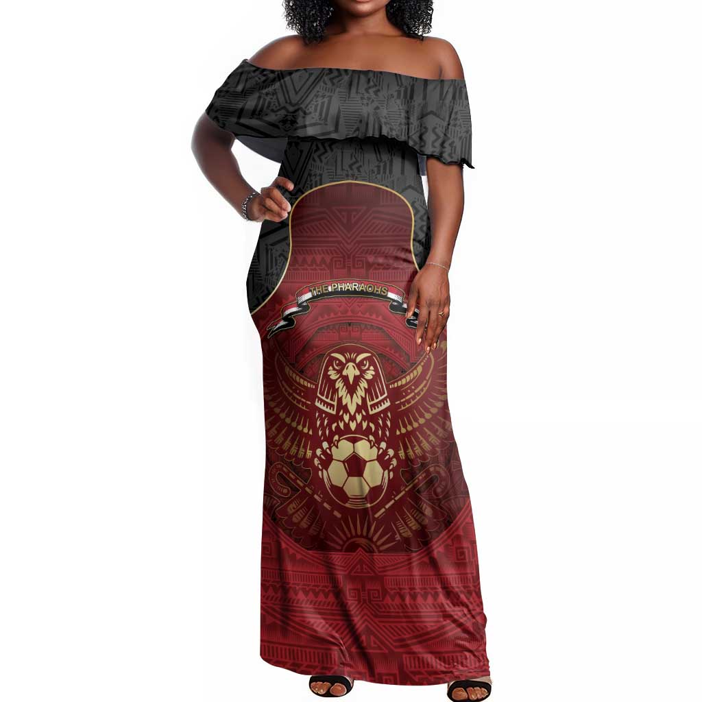 Custom Egypt Football Off Shoulder Maxi Dress Tribal Eagle With Ancient Egyptian Patterns