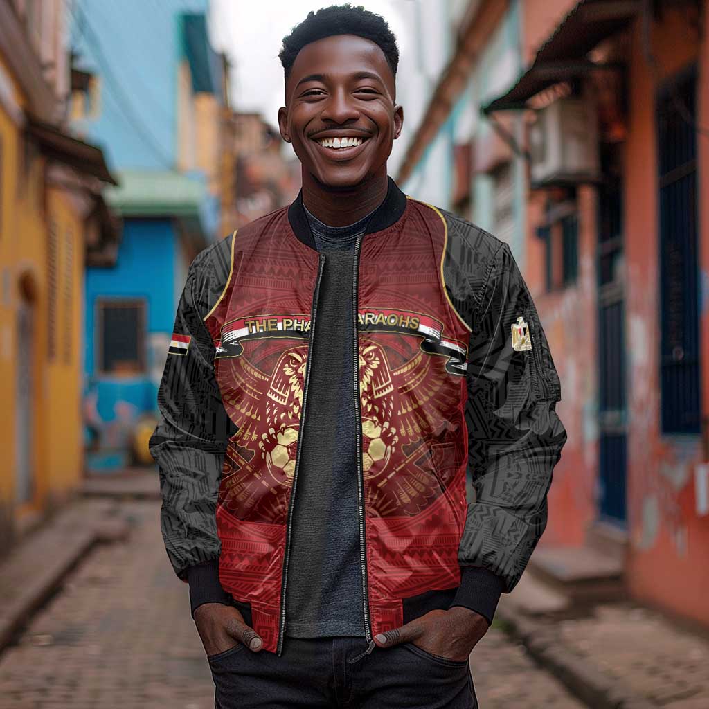 Custom Egypt Football Sleeve Zip Bomber Jacket Tribal Eagle With Ancient Egyptian Patterns