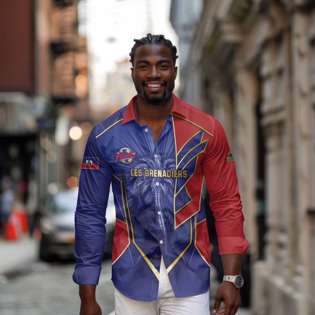 Custom Afro-Haitians Football Long Sleeve Button Shirt Haitian Palm Tree Unique Style