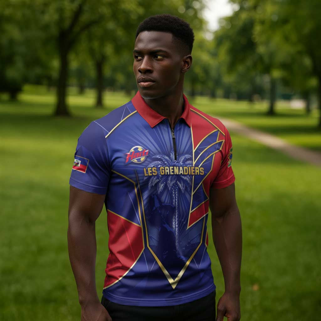 Custom Afro-Haitians Football Zipper Polo Shirt Haitian Palm Tree Unique Style