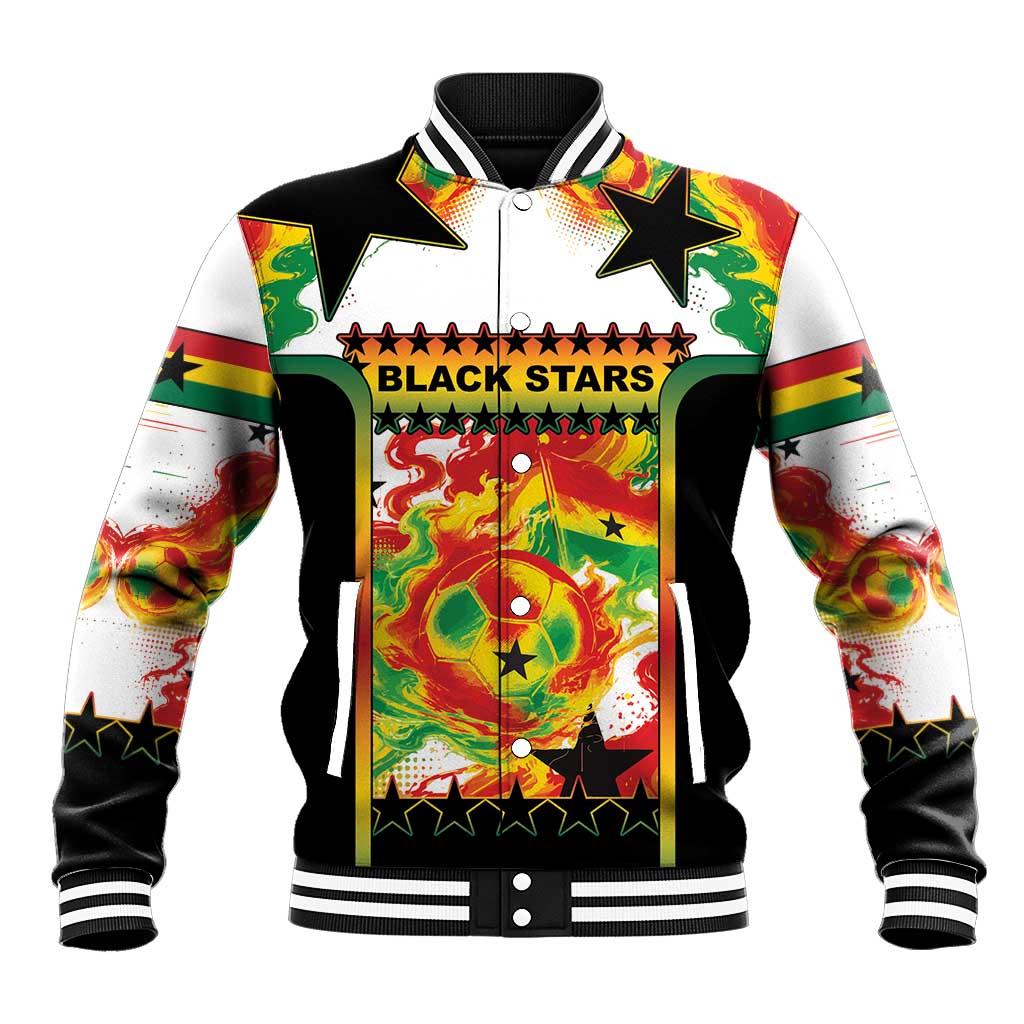 Custom Ghana Football Baseball Jacket African Pride Flag Colors Flame