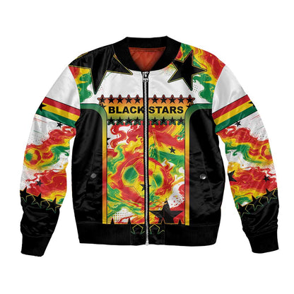 Custom Ghana Football Bomber Jacket African Pride Flag Colors Flame