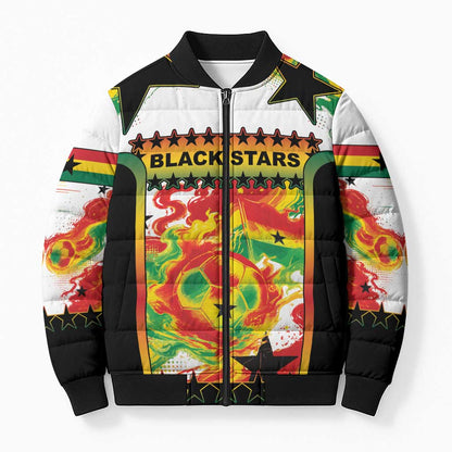 Custom Ghana Football Bomber Puffer Jacket African Pride Flag Colors Flame