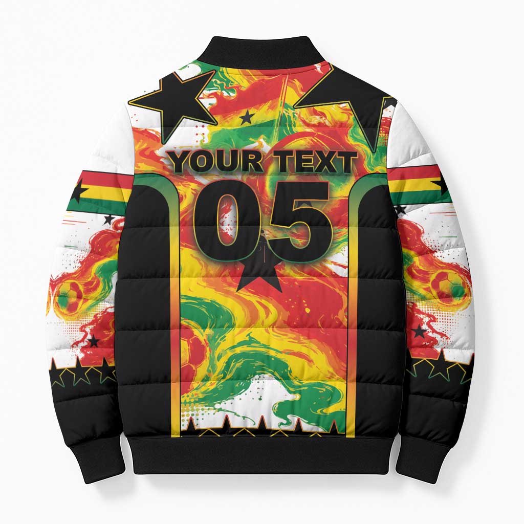 Custom Ghana Football Bomber Puffer Jacket African Pride Flag Colors Flame