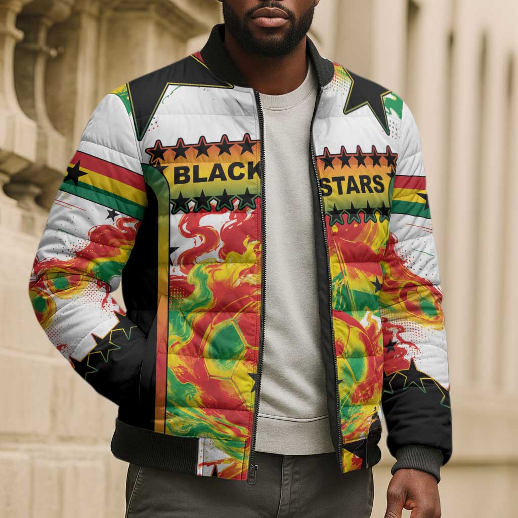 Custom Ghana Football Bomber Puffer Jacket African Pride Flag Colors Flame