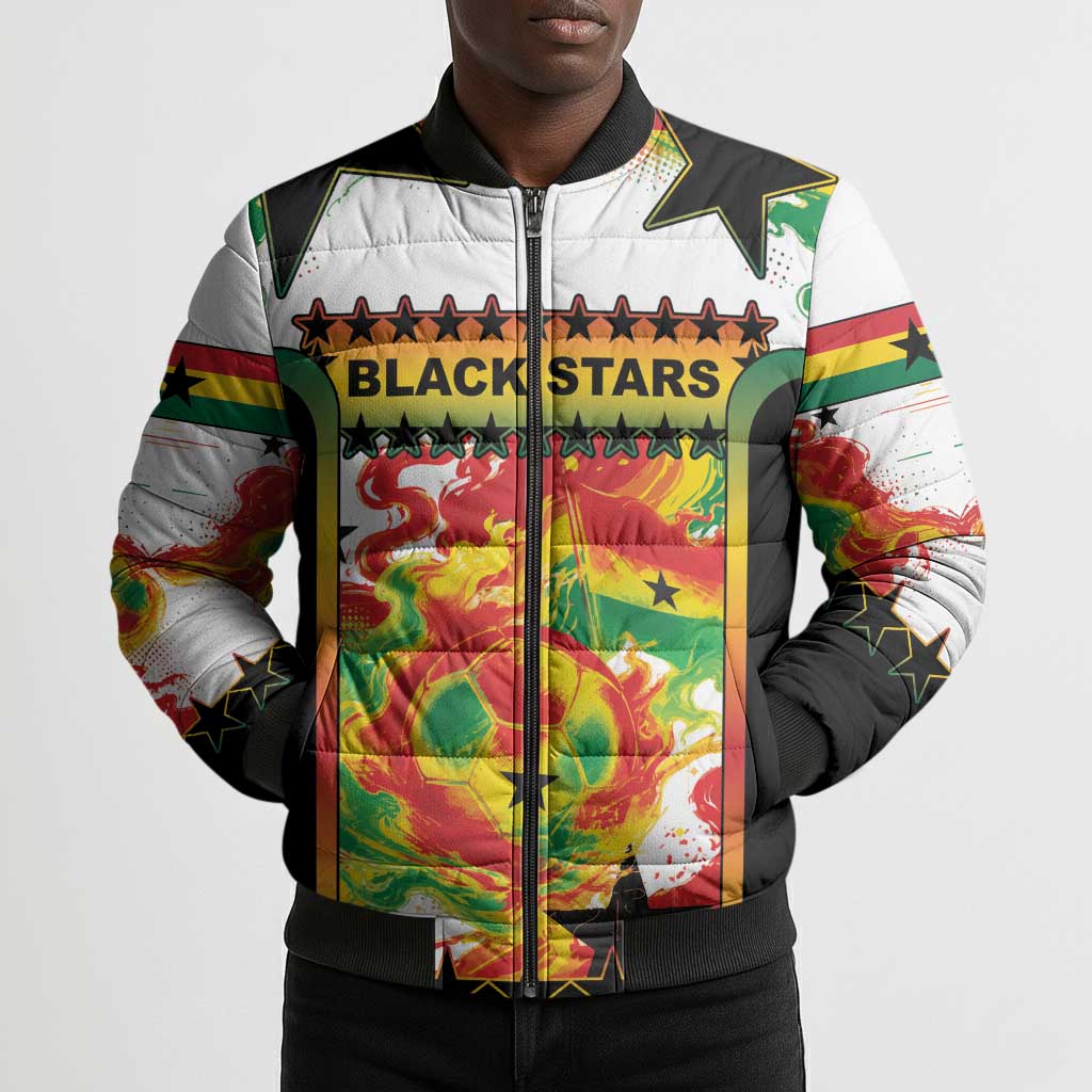Custom Ghana Football Bomber Puffer Jacket African Pride Flag Colors Flame