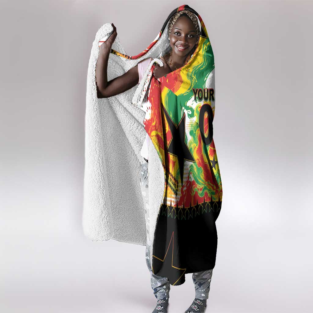 Custom Ghana Football Hooded Blanket African Pride Flag Colors Flame