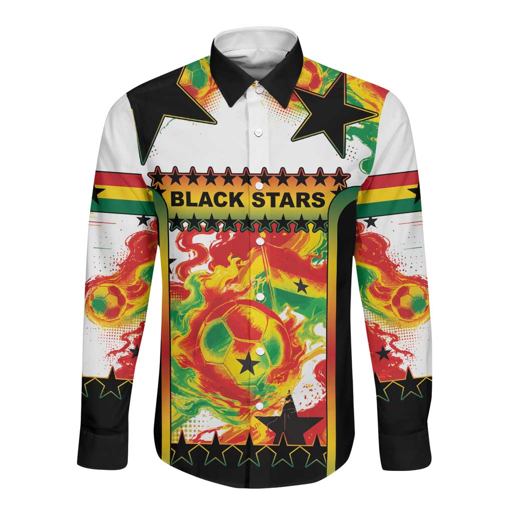 Custom Ghana Football Long Sleeve Button Shirt African Pride Flag Colors Flame