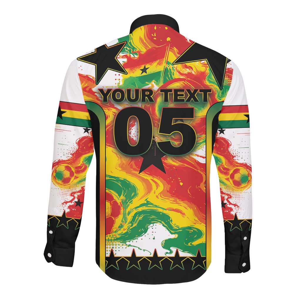 Custom Ghana Football Long Sleeve Button Shirt African Pride Flag Colors Flame