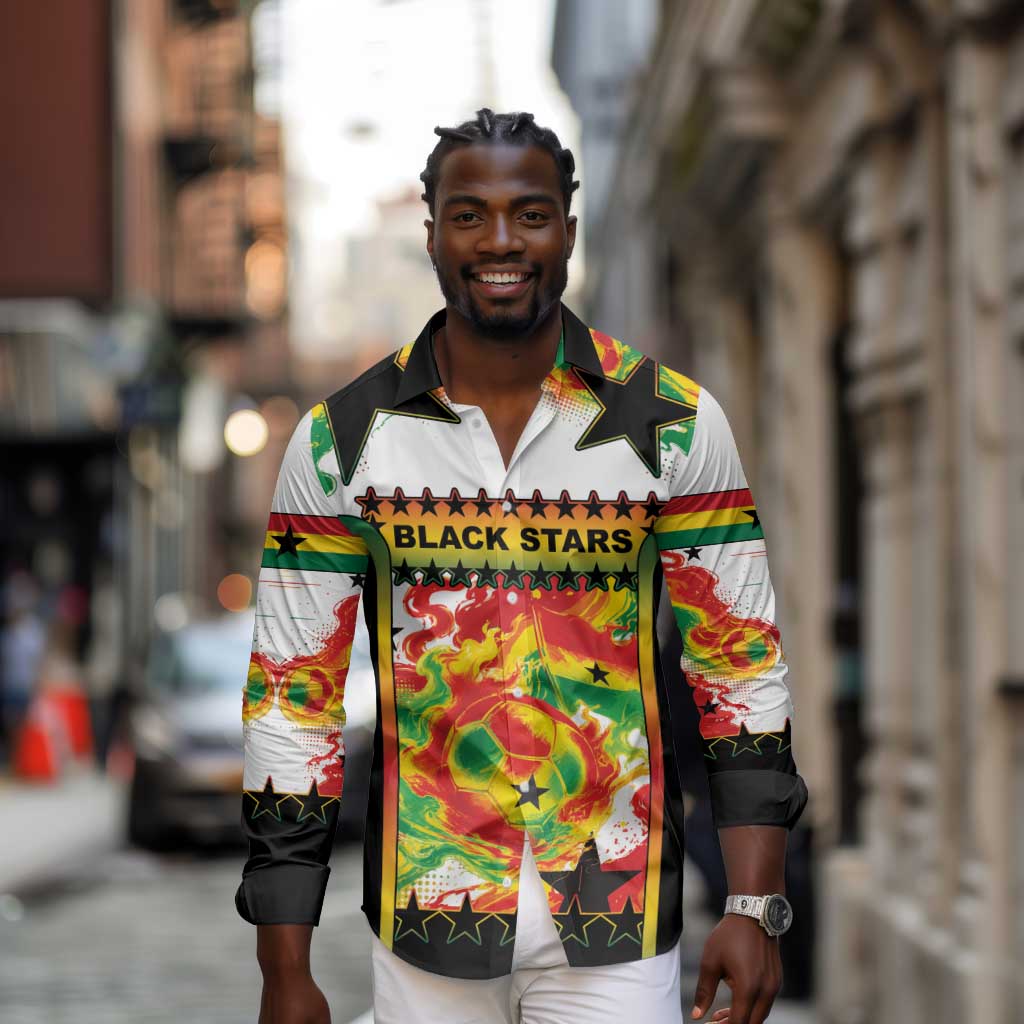 Custom Ghana Football Long Sleeve Button Shirt African Pride Flag Colors Flame