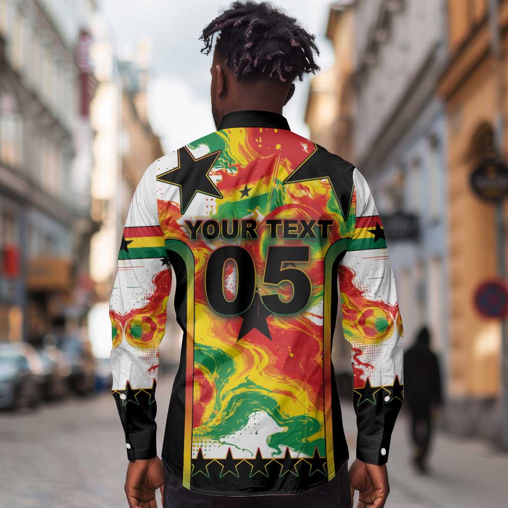 Custom Ghana Football Long Sleeve Button Shirt African Pride Flag Colors Flame