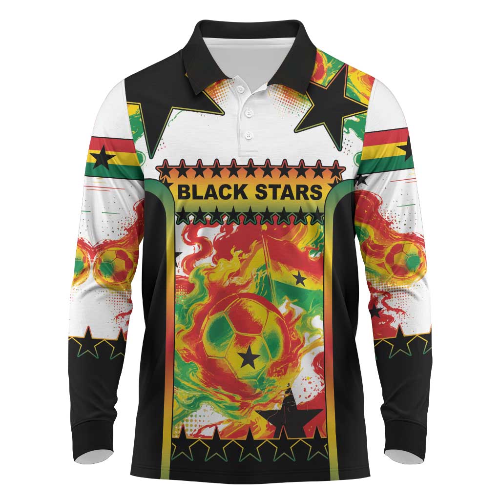 Custom Ghana Football Long Sleeve Polo Shirt African Pride Flag Colors Flame